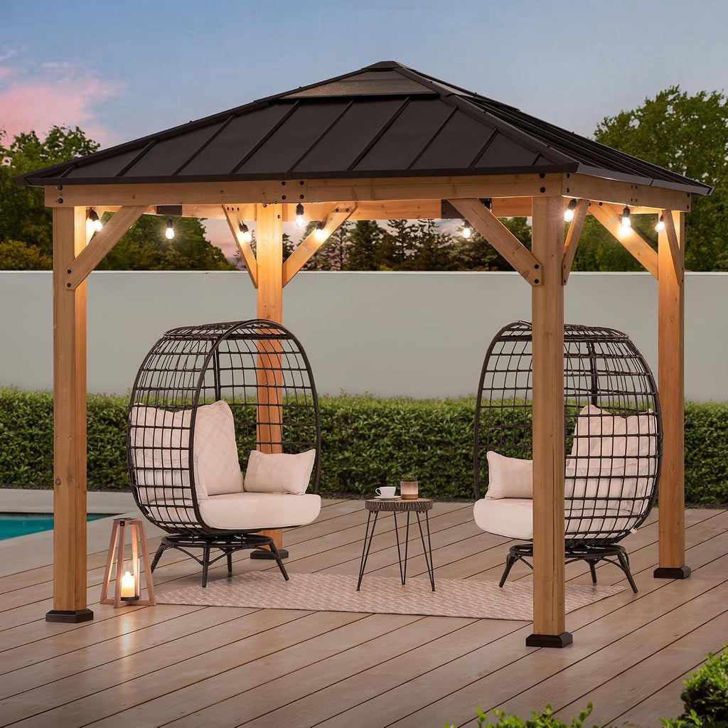 Sunjoy Hardtop Gazebo 9 x 9 ft. Cedar Framed Wood Gazebo with Brown Steel & Polycarbonate Pyramid Hip Roof and Ceiling Hook for Garden, Backyard Shade, Brown Roof + Natural Wood Frame