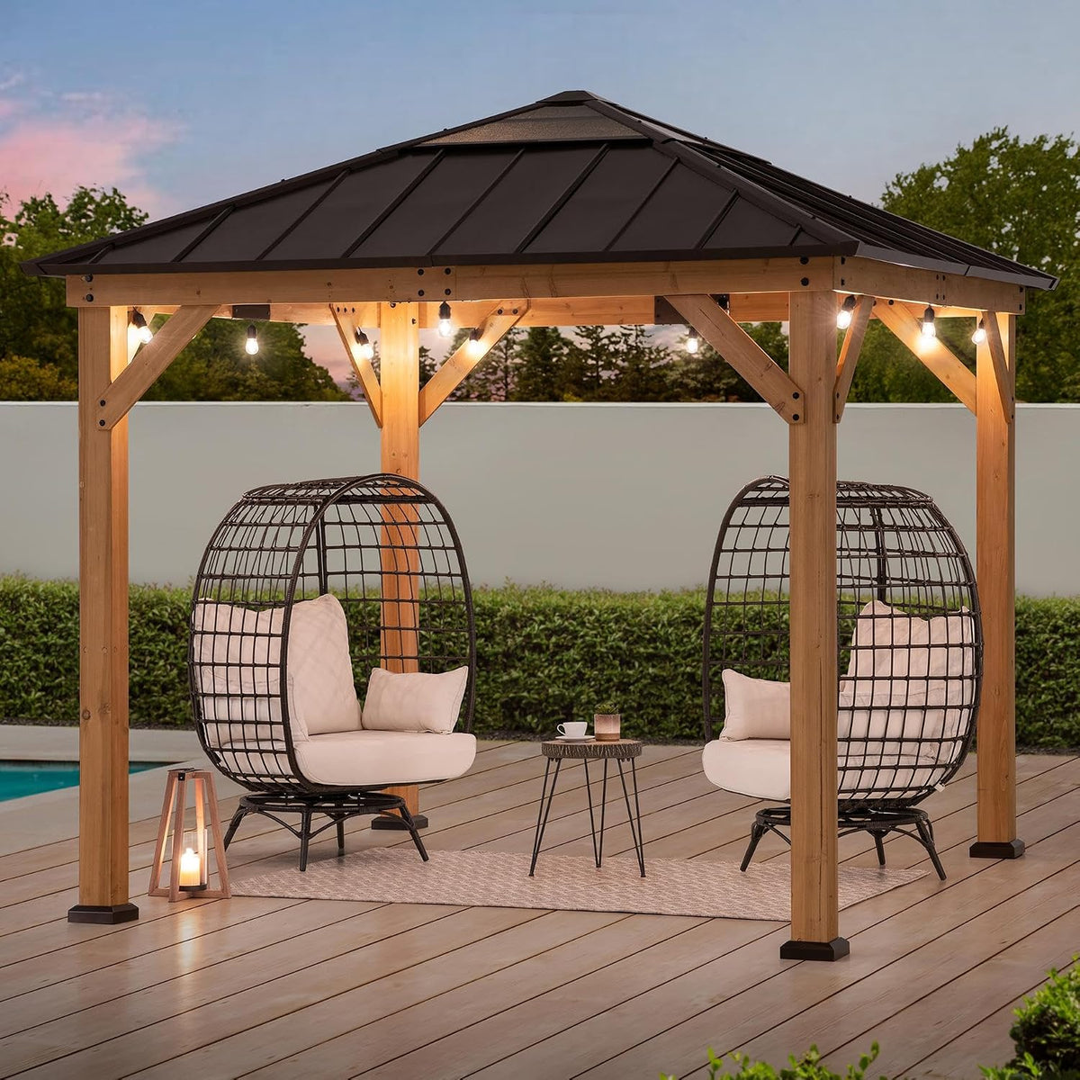 Sunjoy Hardtop Gazebo 9 x 9 ft. Cedar Framed Wood Gazebo with Brown Steel & Polycarbonate Pyramid Hip Roof and Ceiling Hook for Garden, Backyard Shade, Brown Roof + Natural Wood Frame