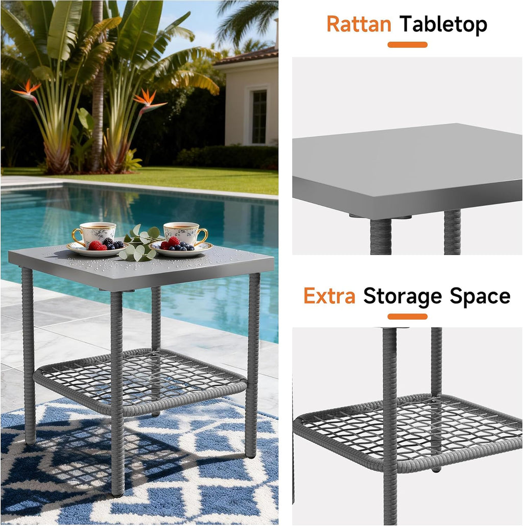 DECMICO 3 Pcs Outdoor Rocking Chair, Wicker Rocking Bistro Set with Washable Cushions, Rattan Rocking Chairs with Multi-Functional Table, Outdoor Wicker Chair for Backyard Garden Porch Poolside