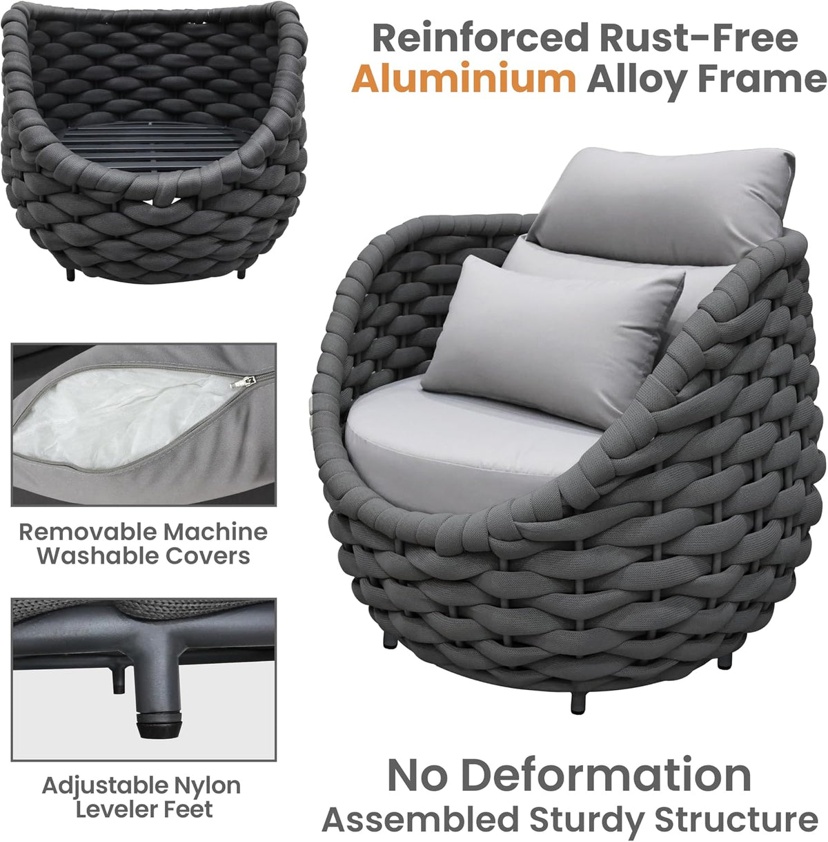 Woven Rope Patio Furniture Set: 4 Pieces Aluminum Outdoor Conversation Sofa Set Assembled - Modern Deck Couch Set Cushioned - All Weather Metal Porch Seating for 5 Person Garden Pool Yard Hotel