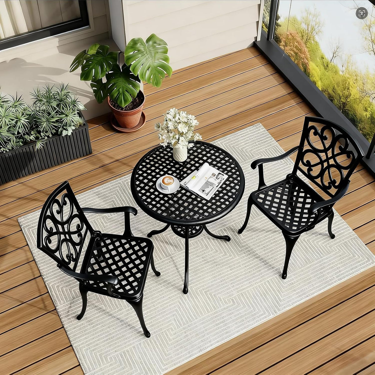 3 Piece Patio Bistro Set with Cushions, Outdoor Bistro Table and Chairs Set of 2 with Umbrella Holes, All Weather Bistro Table Set for Garden Porch Pools (Black 4)