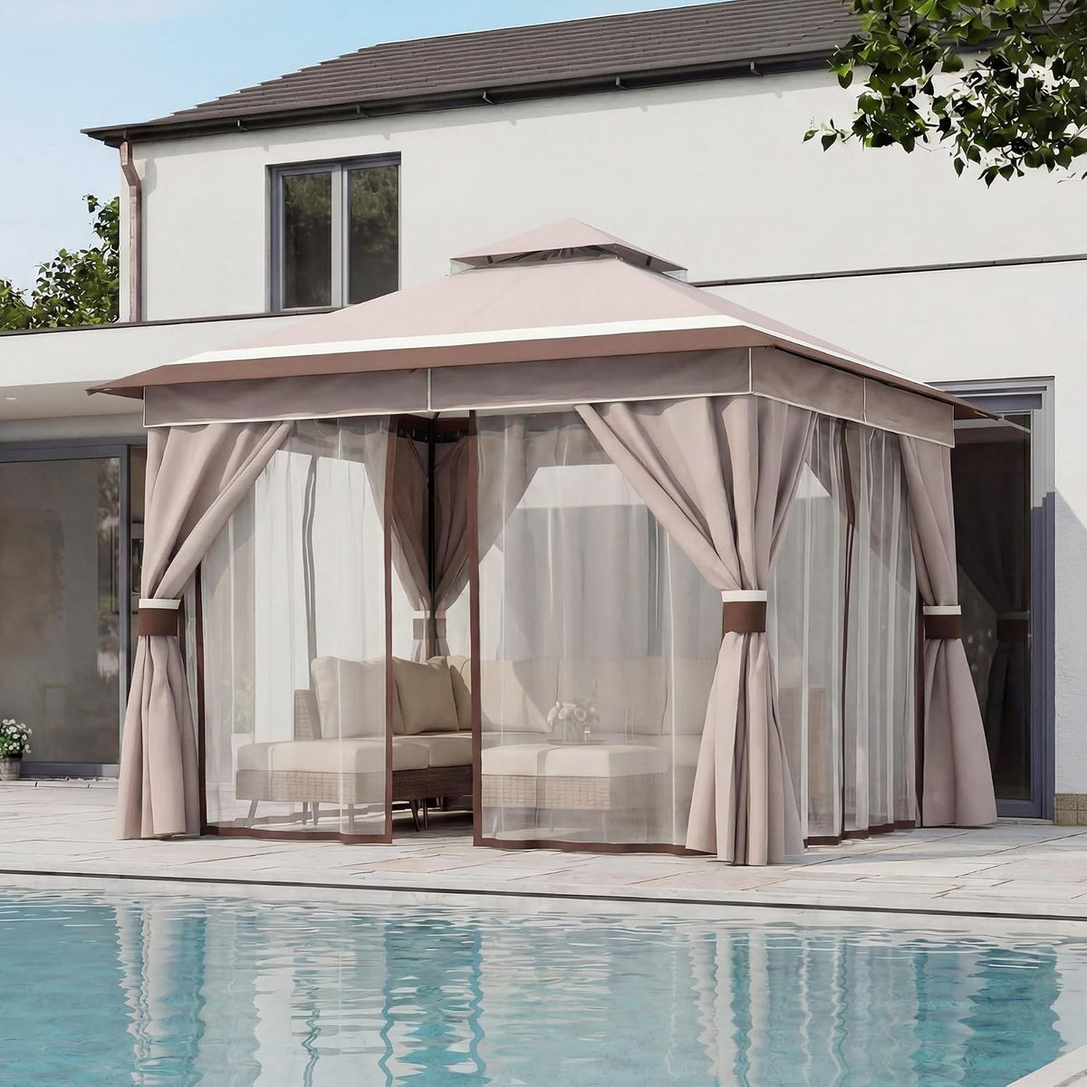 LAUSAINT HOME 10'x10' Outdoor Gazebo, Metal Frame Heavy Duty Patio Canopy Tent Shelter with Double Roofs, Mosquito Nettings and Privacy Screens for Backyard, Garden, Lawn, Classic Khaki
