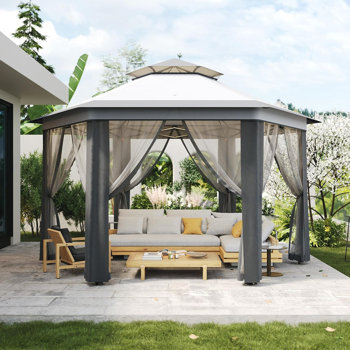 13' x 13' Pop-Up Gazebo, Hexagonal Canopy Shelter with 6 Zippered Mesh Netting, Event Tent with Strong Steel Frame for Backyard, Garden, Lawn, Dark Grey and Light Grey