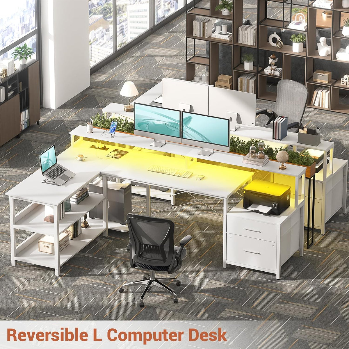 Aheaplus L Shaped Desk with File Drawer, 72.8' Reversible L Shaped Computer Desk with Power Outlet & LED Strip, Gaming Desk with Long Monitor Stand, Office Desk Corner Desk with Storage Shelf, White