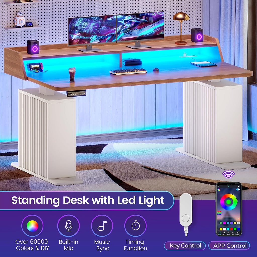SEDETA Standing Desk with Storage, 55' Fluted Stand Up Desk with Power Outlets & LED Lights, Height Adjustable Table with Monitor Shelf for Home Office, Gaming, Brown + White