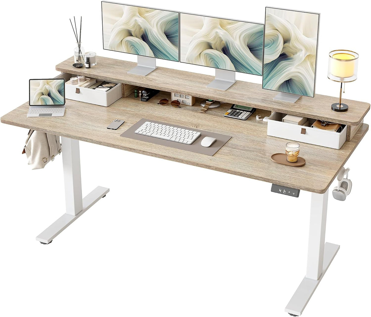 TIQLAB Standing Desk with Two Drawers, Stand Up Standing Desk Adjustable Height, Electric Sit Stand Table with Storage Shelf and Splice Board, 63 * 24 inch, Maple