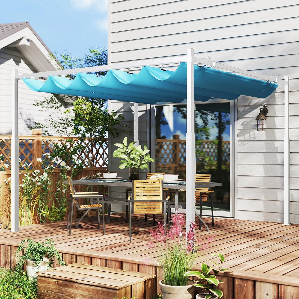 Outsunny 10' x 10' Retractable Pergola Canopy with Magnetic Fixture, UPF30+ Outdoor Patio Sun Shade Shelter, 3.1' Metal Column, for Garden, Backyard, Deck, Blue