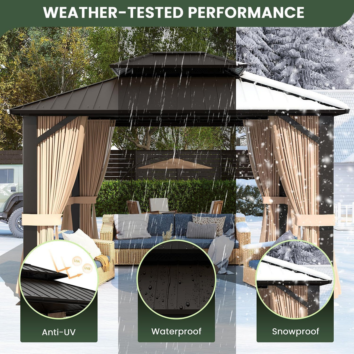 10'x12' Hardtop Gazebo with Fan, Galvanized Steel Double Roof Canopy with Aluminum Frame, Outdoor Pavilion with Nettings and Curtains