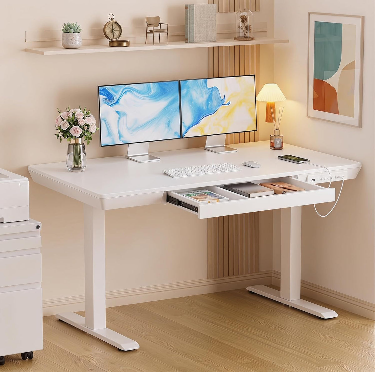 Marsail Electric Standing Desk with Drawers,48 x 24 inch Height Adjustable Standing Desk, Whole-Piece Table with Storage & USB Charging Ports, Small Computer Desk for Home Office White