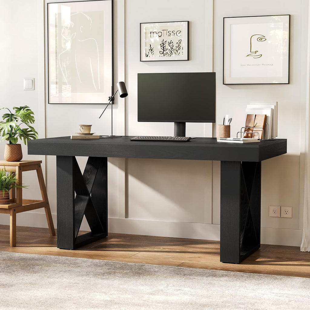 LITTLE TREE 63-Inch Long Computer Desk, Simple Wood Thick Appearance Design, Study Writing Gaming Work Executive Desk for Home Office, Black