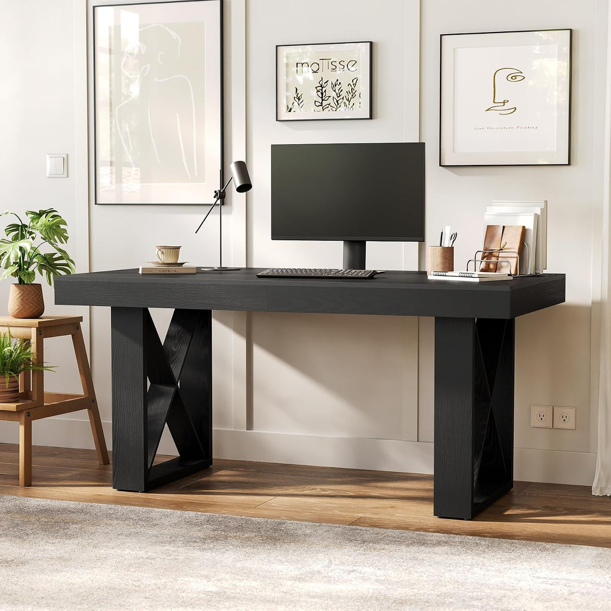 LITTLE TREE 63-Inch Long Computer Desk, Simple Wood Thick Appearance Design, Study Writing Gaming Work Executive Desk for Home Office, Black
