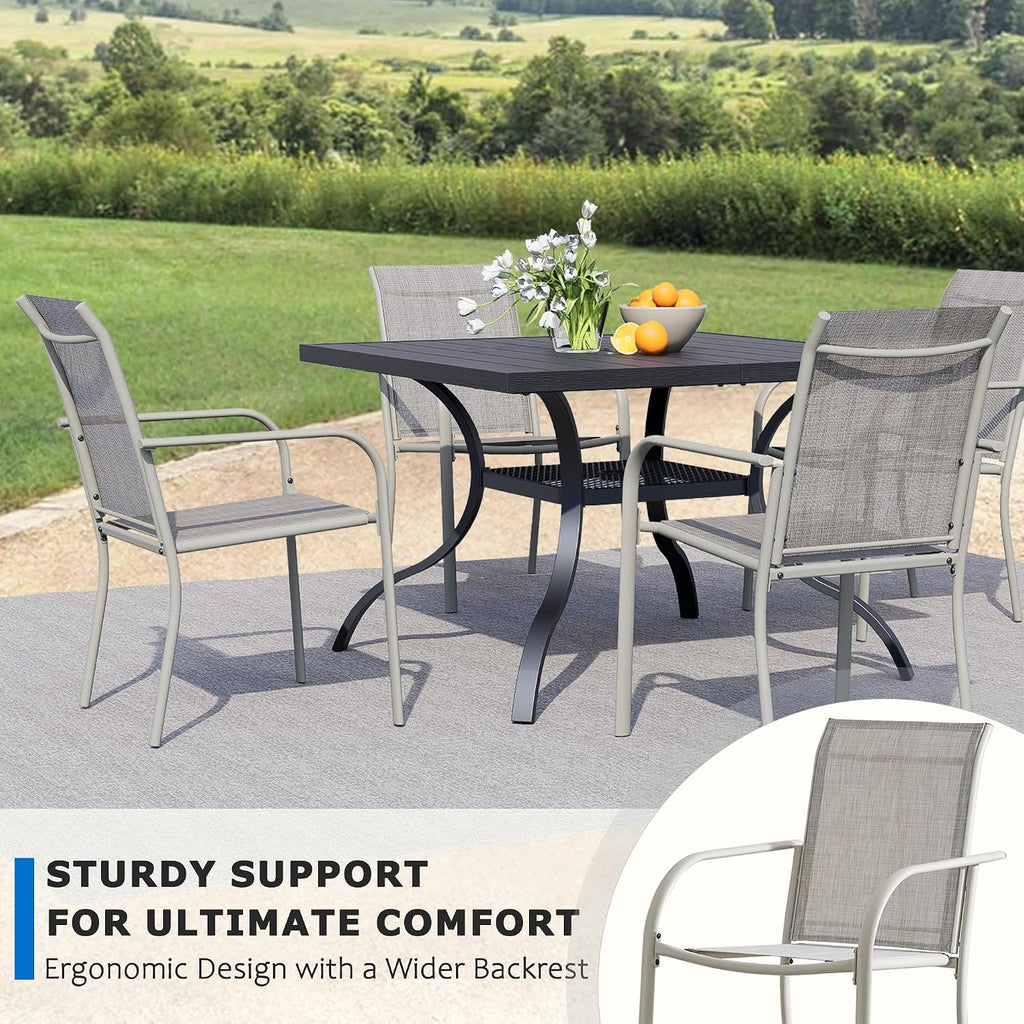 5 Pieces Outdoor Dining Set, Black Square Metal Table with Umbrella Hole & Stackable Chairs, Outside Furniture Set for Patio, Deck, Yard, Porch, Gray