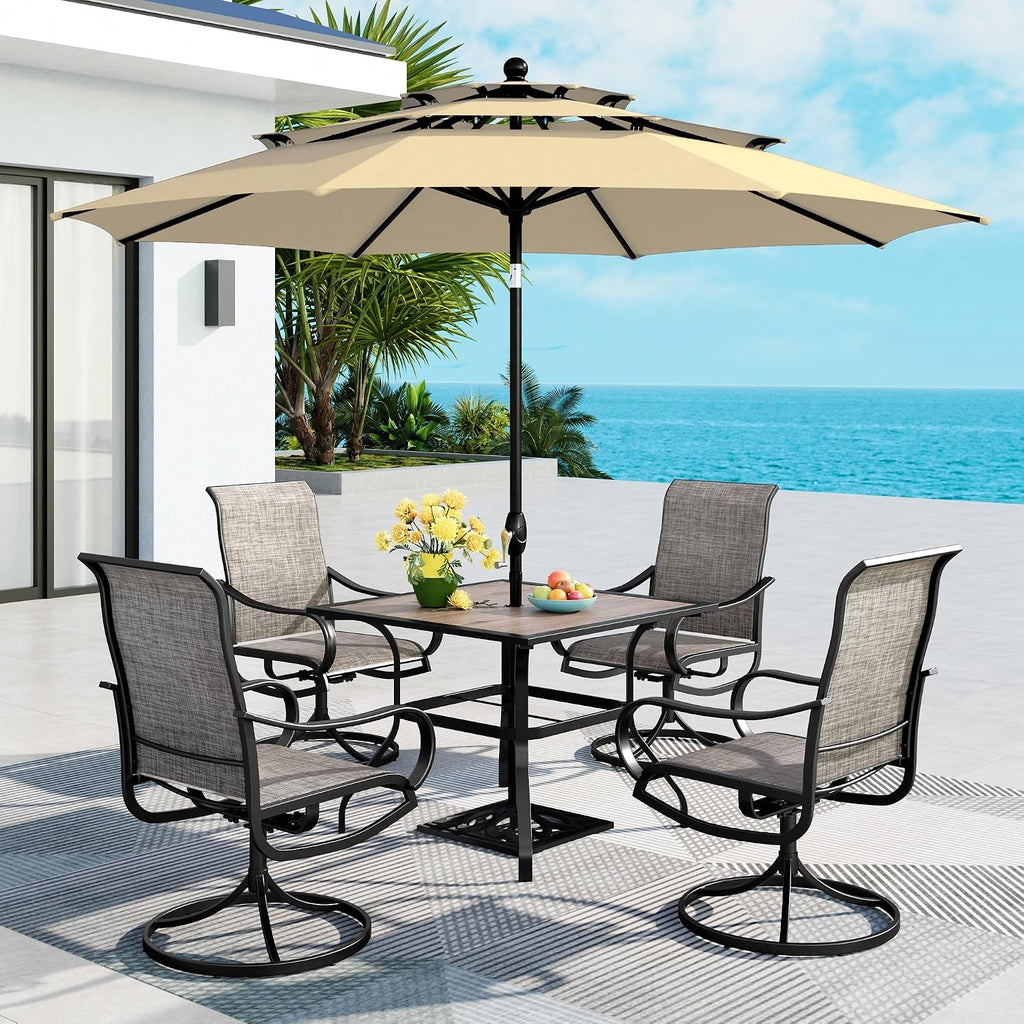 MFSTUDIO Outdoor Dining Set for 4, Patio Furniture Set with Beige Umbrella (Base not Included), Wood-Like Square Table and 4 Swivel Chairs for Patio, Deck, Backyard, Garden