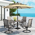 MFSTUDIO Outdoor Dining Set for 4, Patio Furniture Set with Beige Umbrella (Base not Included), Wood-Like Square Table and 4 Swivel Chairs for Patio, Deck, Backyard, Garden