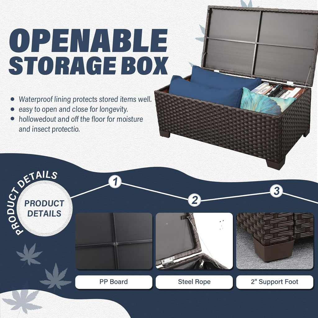 Rattan Star 6 Pieces Patio Outdoor Furniture Conversation Sets Patio Wicker Sofa Set with Outdoor Couch Patio Chairs and Storage Table Non-Slip Cushions Waterproof Covers, Navy Blue