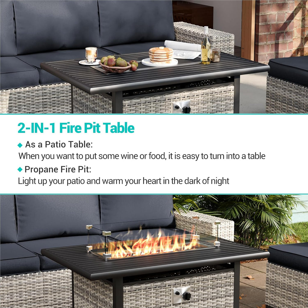 10Pcs Patio Rocking Swivel Chair with 55,000 BTU Fire Pit Table Outdoor Wicker Rattan Bistro Set with Tempered Glass Side Table, Outdoor Patio Furniture Set for Garden and Balcony, Dark Grey