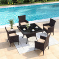 Gotland 5 Piece Outdoor Dining Set, All-Weather Rattan Patio Furniture Set with Umbrella Hole Tempered Glass Square Table, Outdoor Table and Chairs with Removable Cushions for Backyard, Deck, Sand