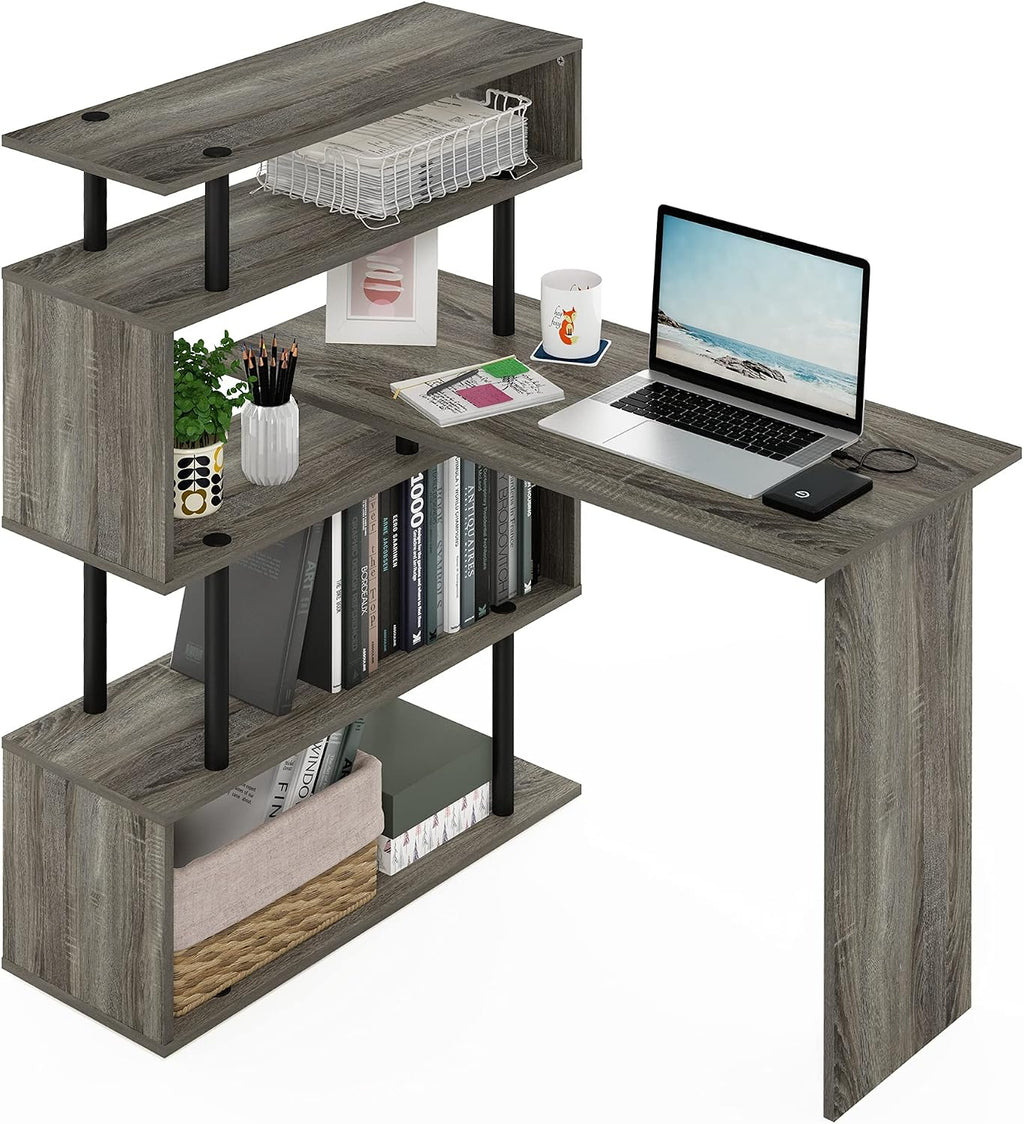 Furinno Classic L Shape Computer Desk, Gaming Desk, Office Desk with 5-Tier Shelves, 40' Wide, for Home Office, Study, Gaming, Grey Oak