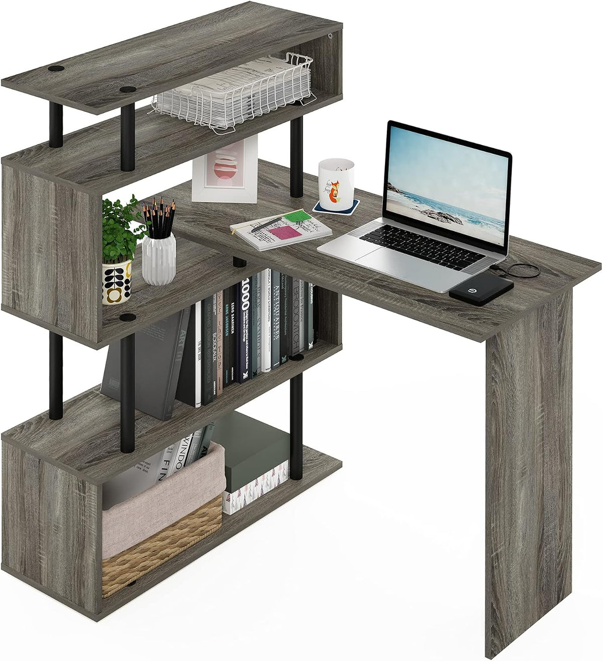 Furinno Classic L Shape Computer Desk, Gaming Desk, Office Desk with 5-Tier Shelves, 40' Wide, for Home Office, Study, Gaming, Grey Oak