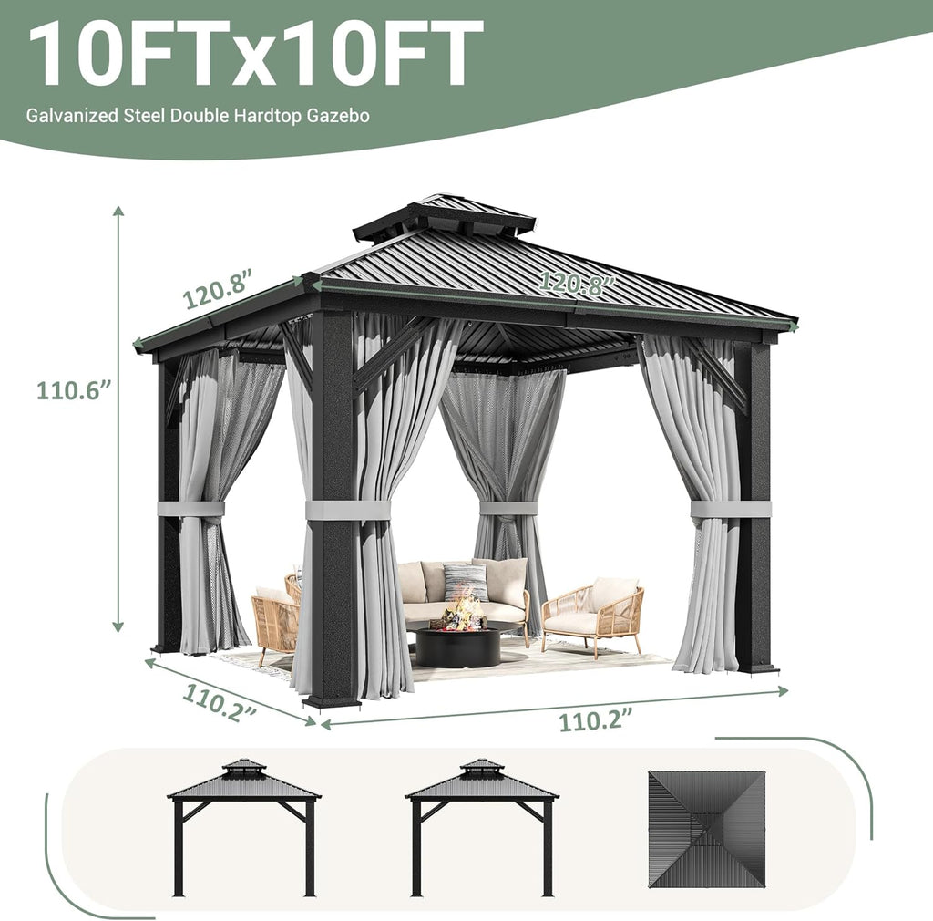 AirWire 10'x10' Outdoor Gazebo Hardtop Grill Gazebo Aluminum Galvanized Steel Double Roof Outdoor Pergola Include Curtain and Netting for Backyard, Patio, Lawn