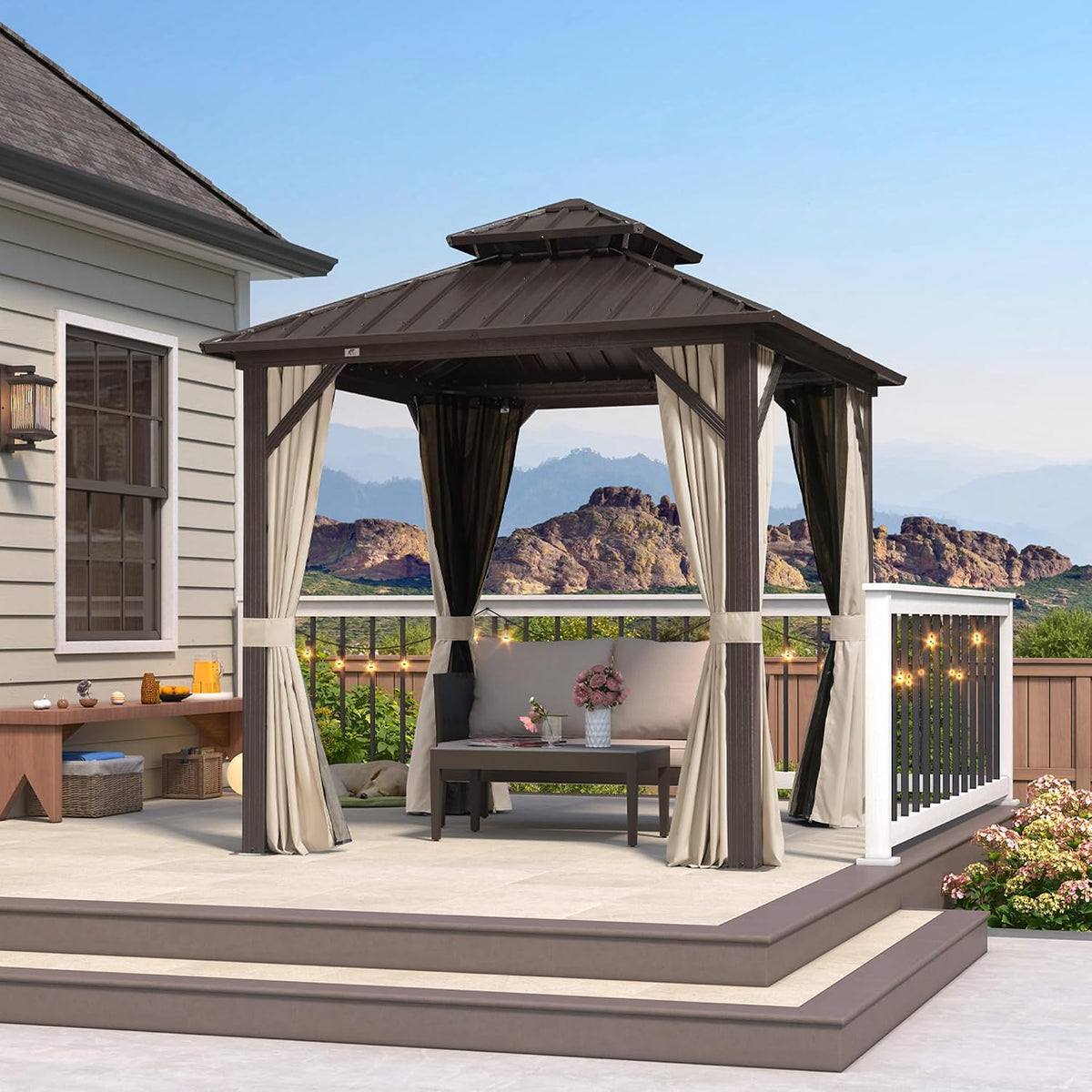 PURPLE LEAF 8' X 8' Outdoor Hardtop Gazebo Metal Frame Galvanized Steel Double Roof with Curtains and Nettings for Patio Desk Backyard Bronze