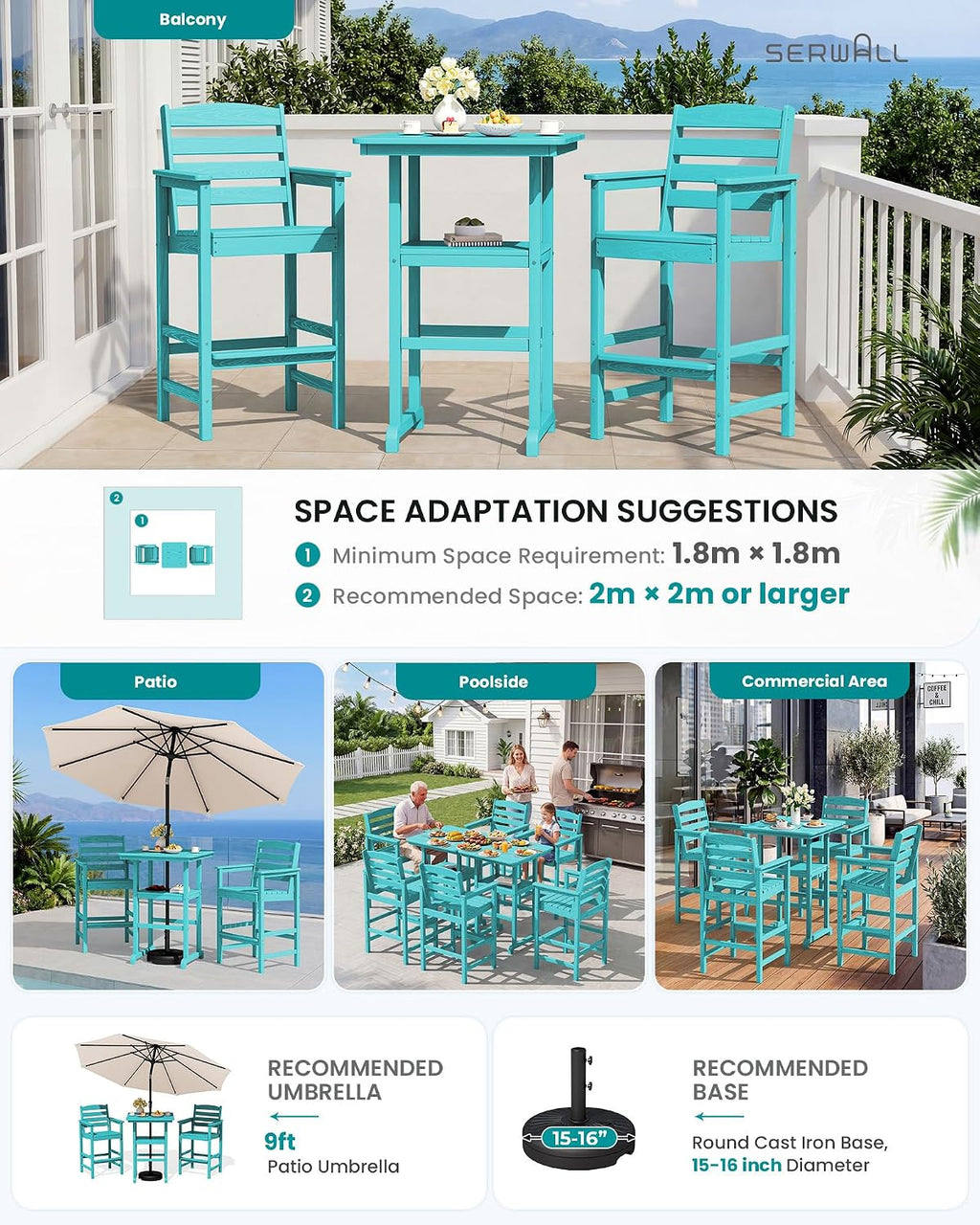 SERWALL Balcony Adirondack Chairs and Table 3 Pieces Set, Oversize Adirondack Bar Height Chairs Set of 2 and Bar Table, Outdoor Bar Stools Set, Aruba