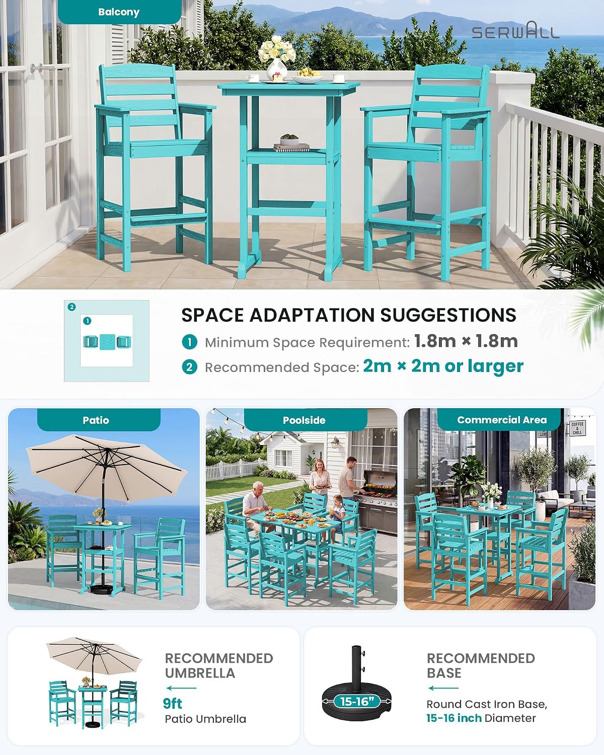 SERWALL Balcony Adirondack Chairs and Table 3 Pieces Set, Oversize Adirondack Bar Height Chairs Set of 2 and Bar Table, Outdoor Bar Stools Set, Aruba