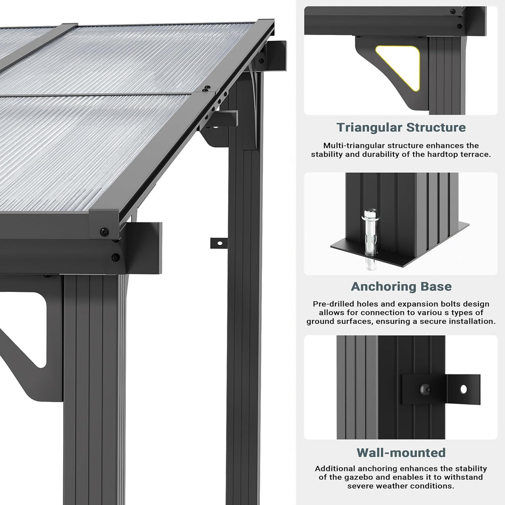 AirWire 10x12 FT Gazebo,Wall Mounted Gazebo Awnings with Polycarbonate Roof on Clearance, Patio Covers for Shade and Rain, Lean to Gazebo Hardtop Pergolas for Patios, Decks, Backyard