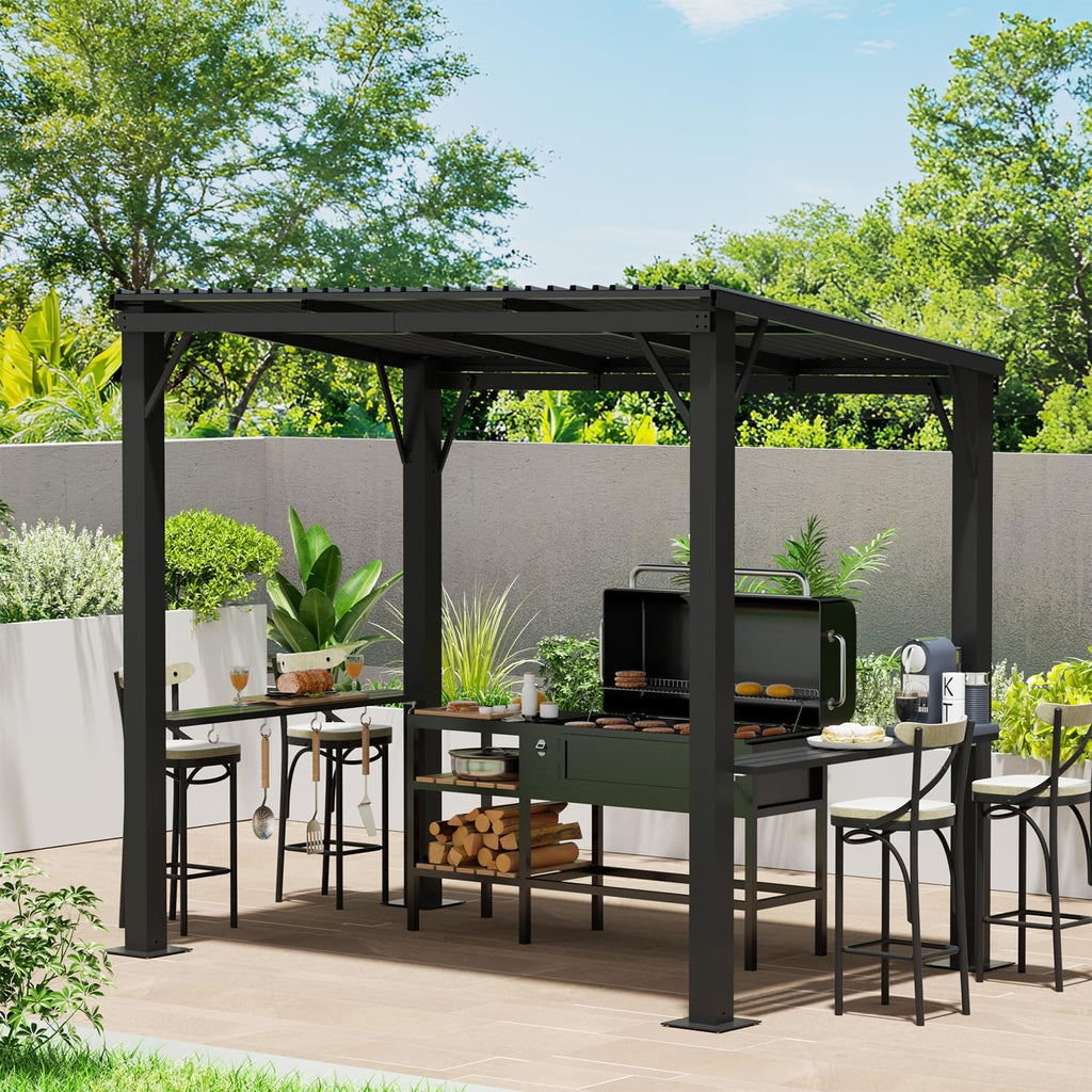 EBE 5'x8' Hardtop Grill Gazebo, Outdoor Gazebo with Side Shelves, BBQ Grill Canopy with Bottle Opener & Hooks, Metal Gazebo Pergola for Patio, Backyard, Deck