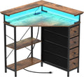 VENNQD Corner Desk with Drawers Shelves for Small Space 90 Degrees Triangle Computer Desk with Power Outlets,Gaming Desk with LED Lights Monitor Stand for Home Office Workstation Writing Table (Brown)