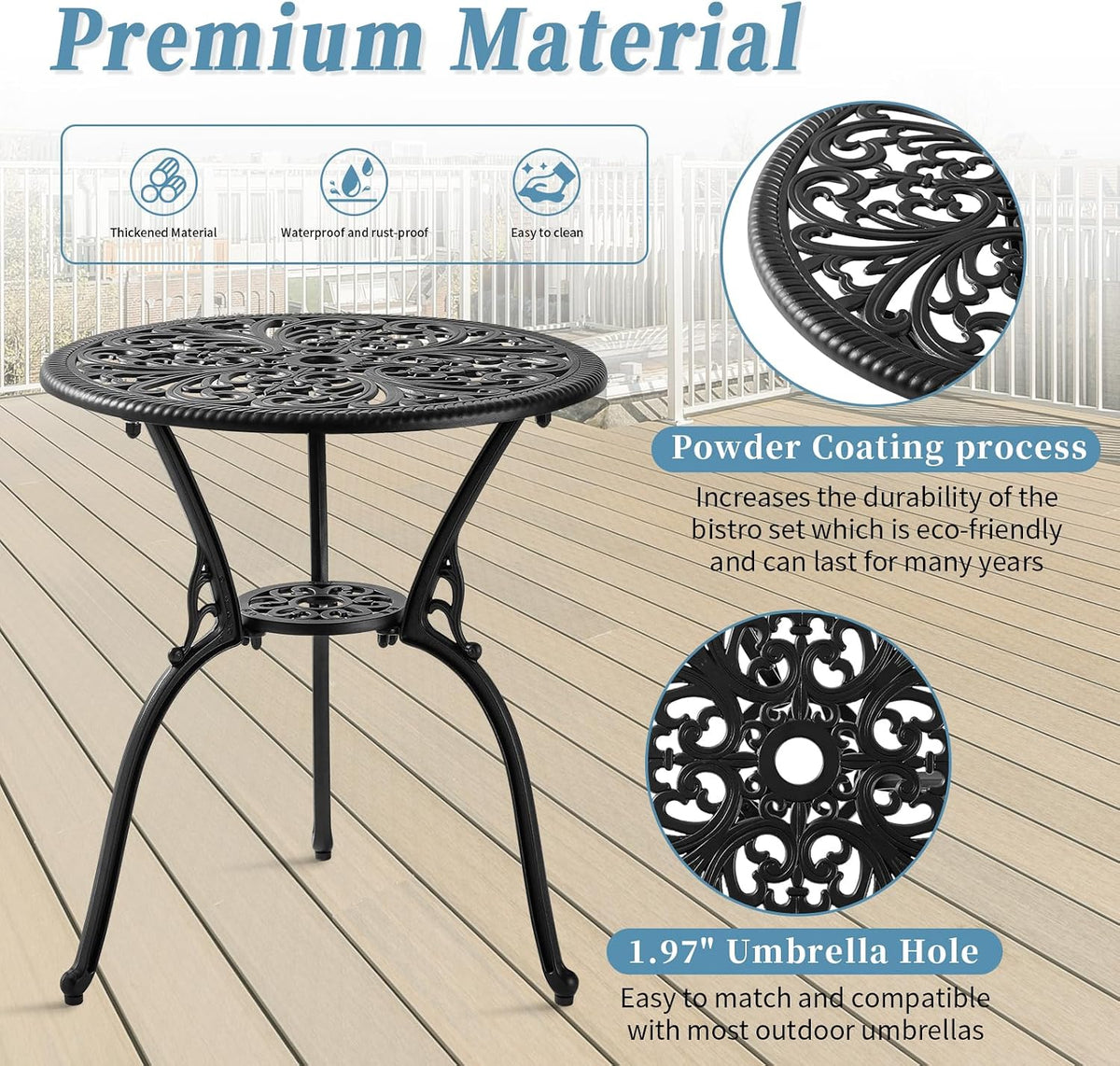 3 Piece Bistro Patio Set Cast Aluminum Bistro Table and Chairs Set of 2 with Cushion,Outdoor Bistro Table Set with Umbrella Hole,Metal Patio Furniture Set for Garden,Black