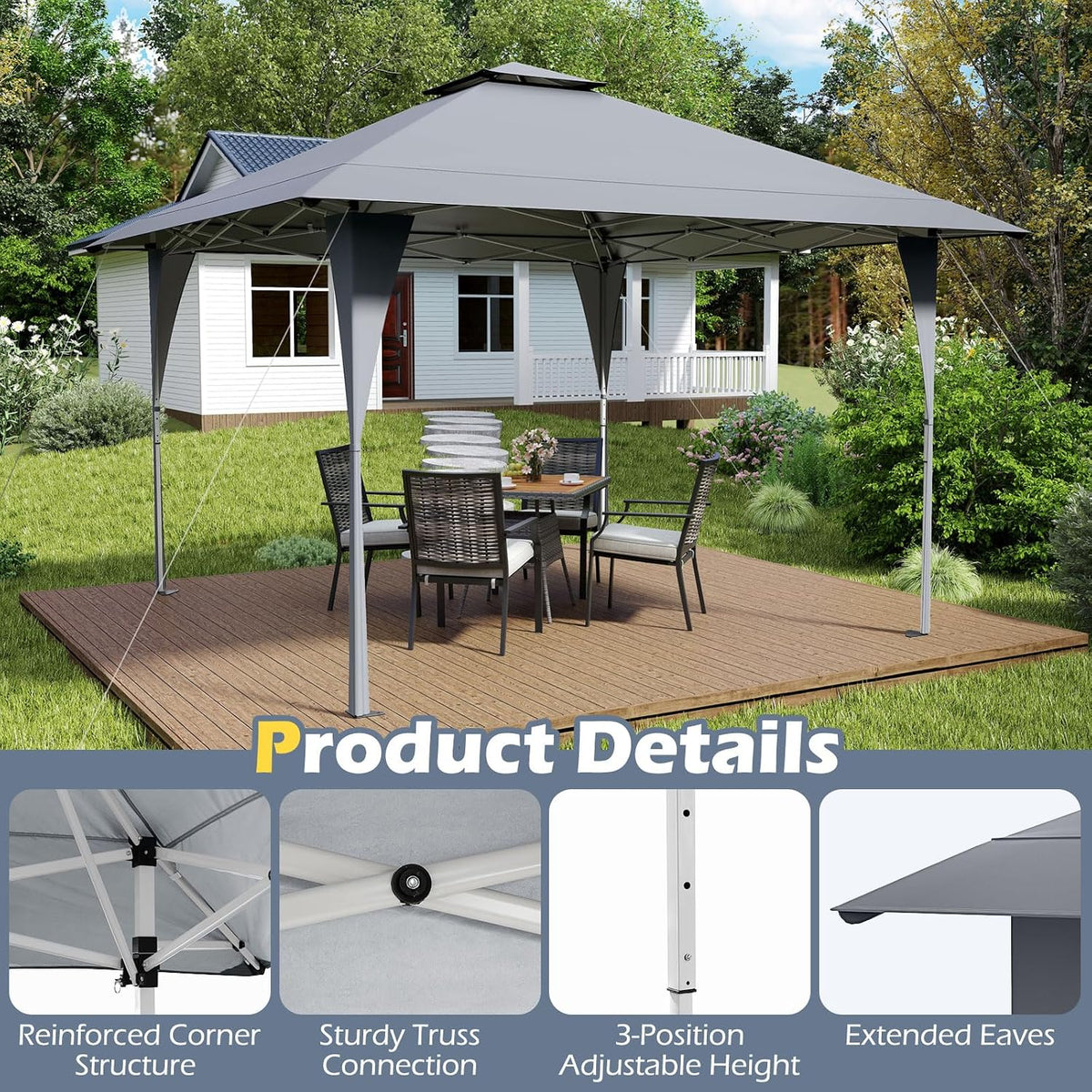 Tangkula 13x13 FT Pop Up Gazebo, UPF50+ Outdoor Sunshade Shelter with Carrying Bag, 8 Stakes, 4 Wind Ropes, Foldable Outdoor Gazebo for Beach Party Event Camping (Gray)