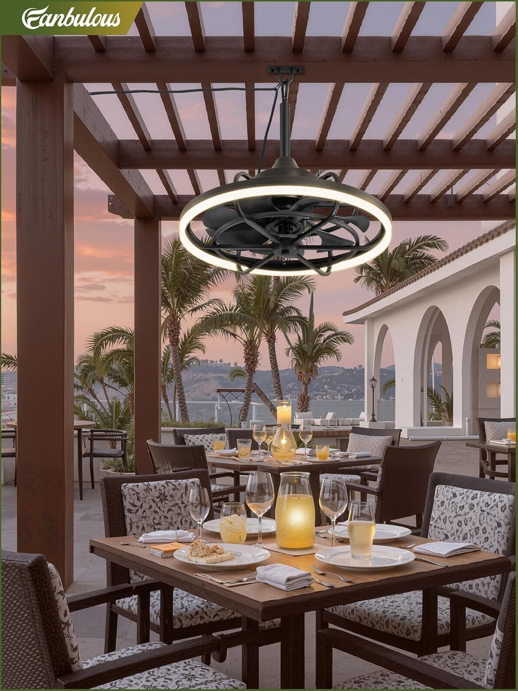Fanbulous Outdoor Ceiling Fans with Light for Patios, 24' Weatherproof Plug in Ceiling Fan, Gazebo Fan Remote&APP Control, 3CCT Dimmable,Caged Ceiling Fan with Hanging Hook for Porch, Pergola,Canopy