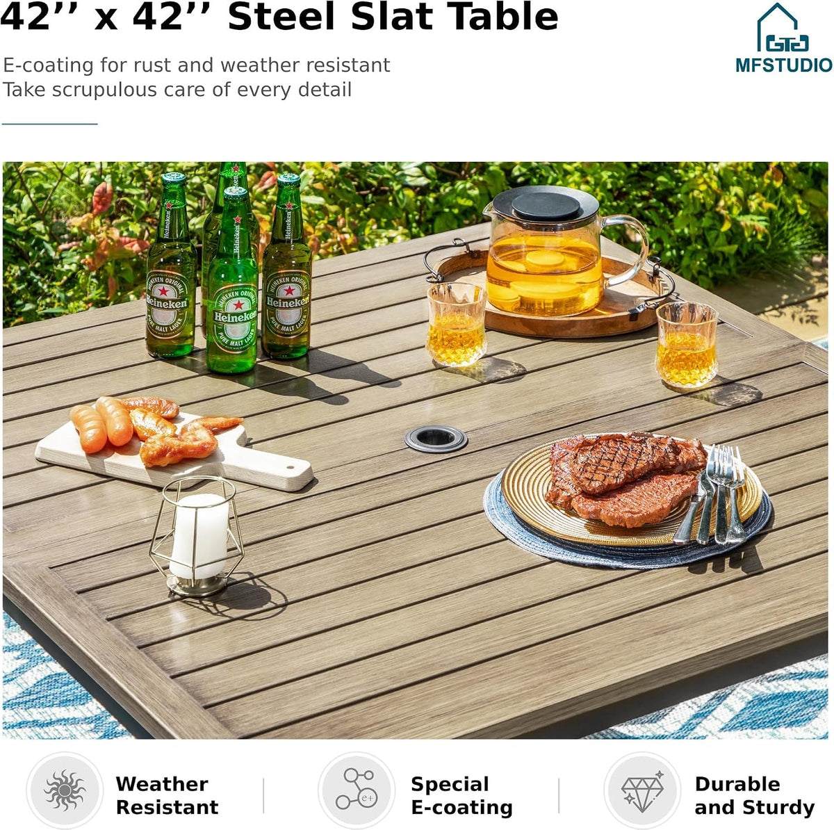 MFSTUDIO Patio Table and Chairs Set of 4, Patio Dining Sets for Deck Poolside Backyard & Garden, Outdoor Dining Set for 4 with Umbrella Hole