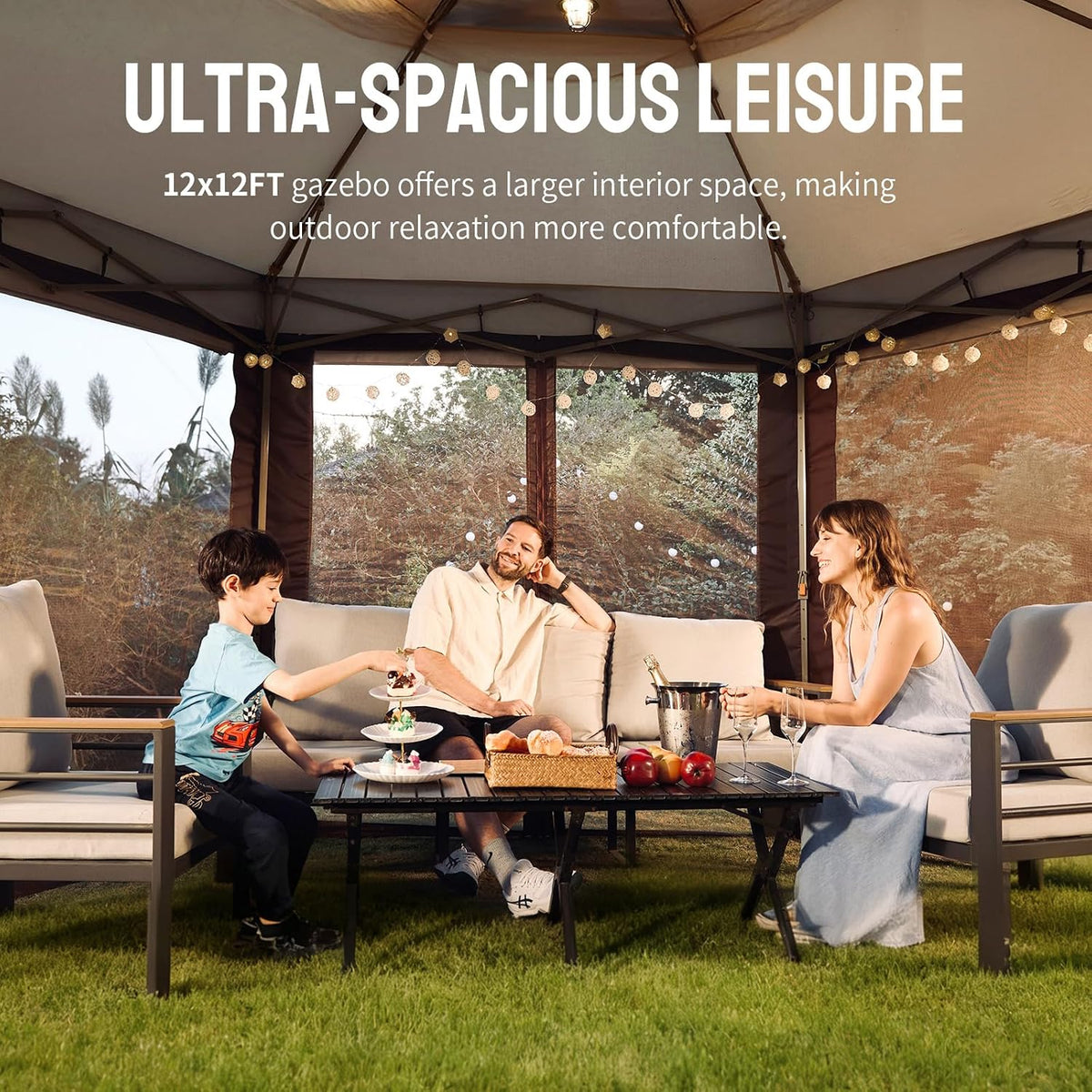 CROWN SHADES 12x12 Pop Up Gazebo with Mosquito Nettings, Patented Center Lock 6-Sided Portable Gazebo, 300D Silver-Coated Fabric UV Resistant, Pop Up Canopy Tent for Patio, Party, Beige&Coffee