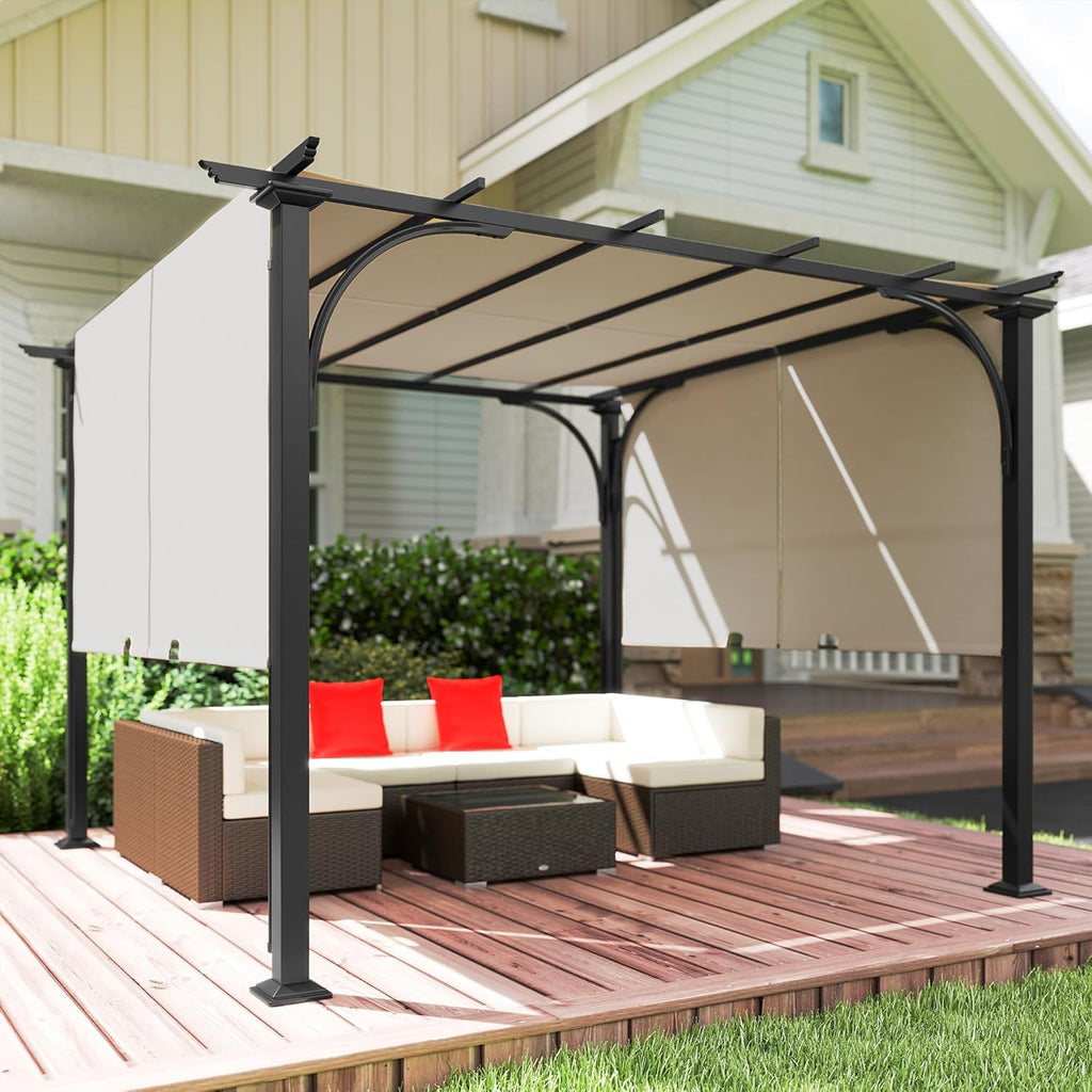 Outsunny 10' x 10' Patio Pergola with Weather-Resistant Steel Frame, Backyard Sun Shade Canopy Cover Shelter for Porch Party, Garden, Grill Gazebo, Beige