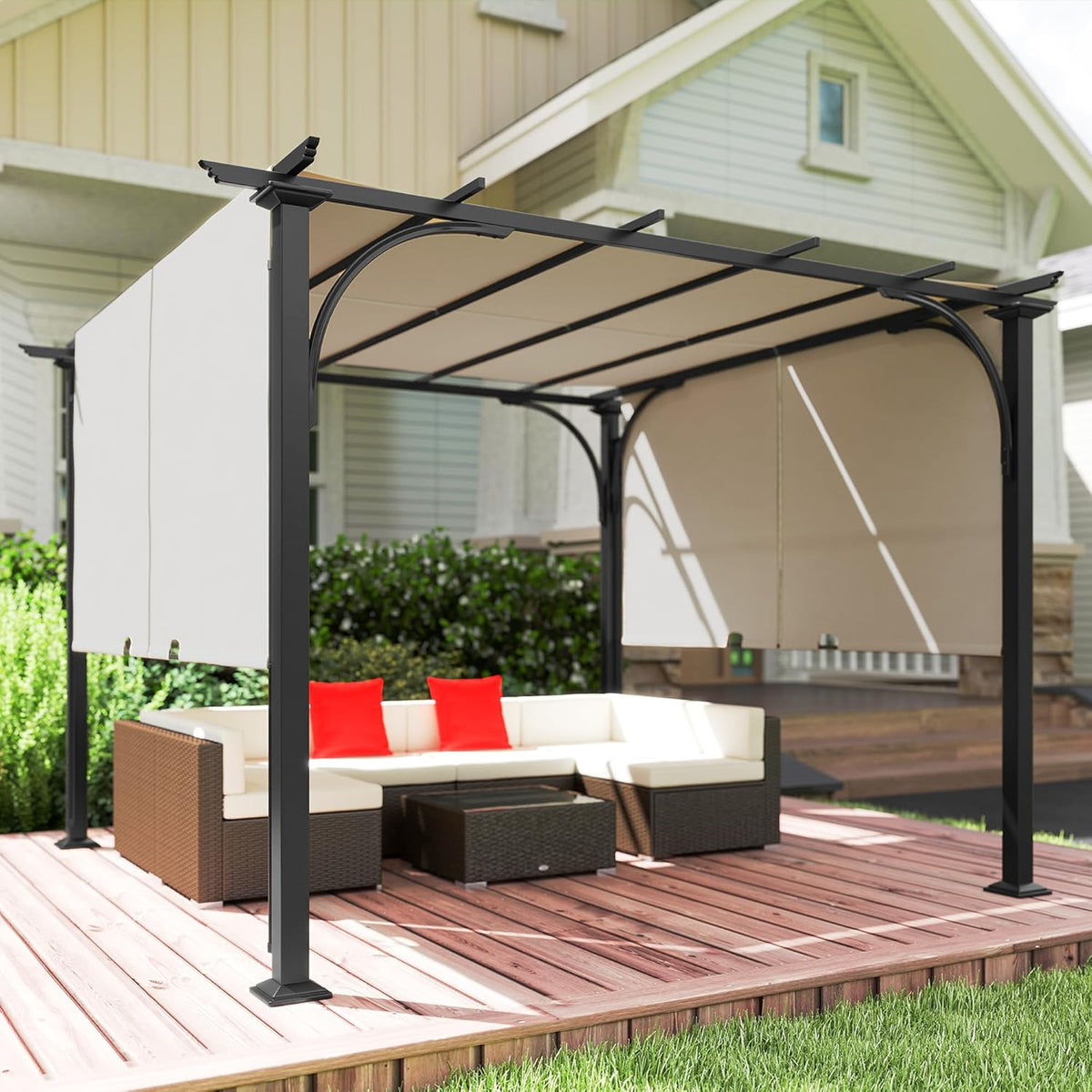 Outsunny 10' x 10' Patio Pergola with Weather-Resistant Steel Frame, Backyard Sun Shade Canopy Cover Shelter for Porch Party, Garden, Grill Gazebo, Beige