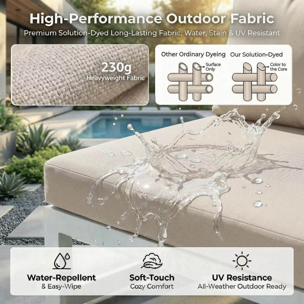 RADIATA 8 Piece Modern Aluminum Outdoor Patio Furniture Set with Lounger & Fire Pit Table, Extra Large All-Weather Modular Sectional Couch, 29' Wide Deep Seating Conversation Sofa for Poolside, Beige