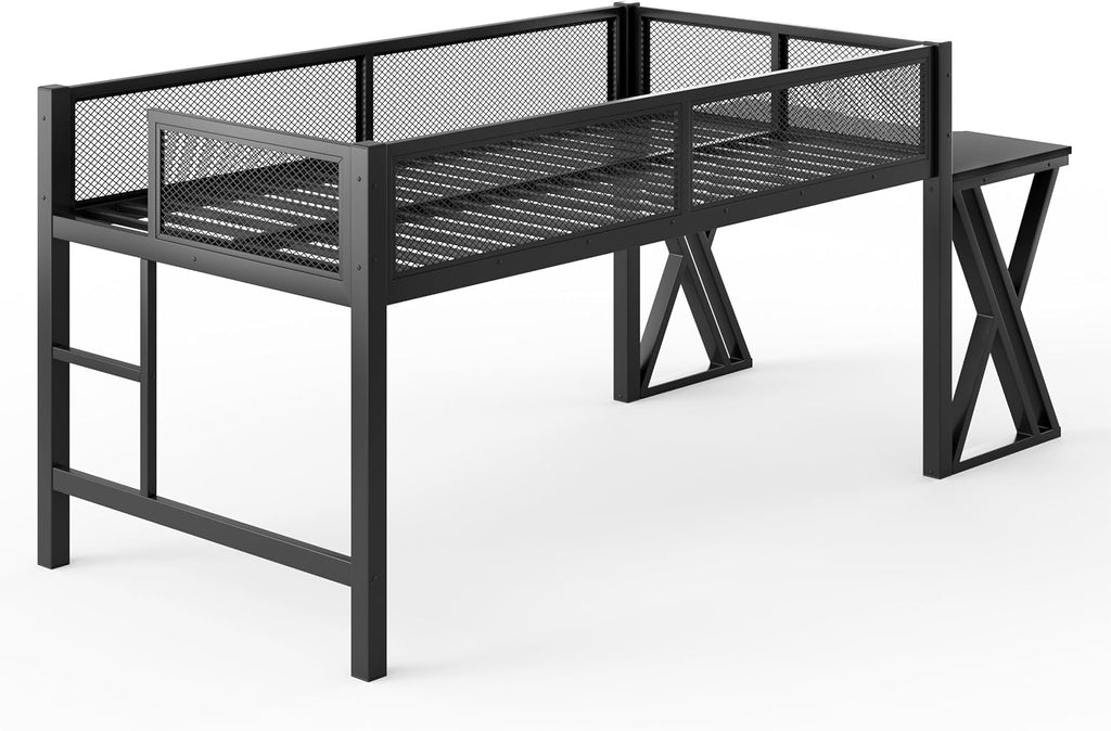 Bellemave Twin XL Loft Bed with Desk, Gaming mid loft Bed with Desk of X-Shaped Leg, LED for Adults, Teens, Kids, Black