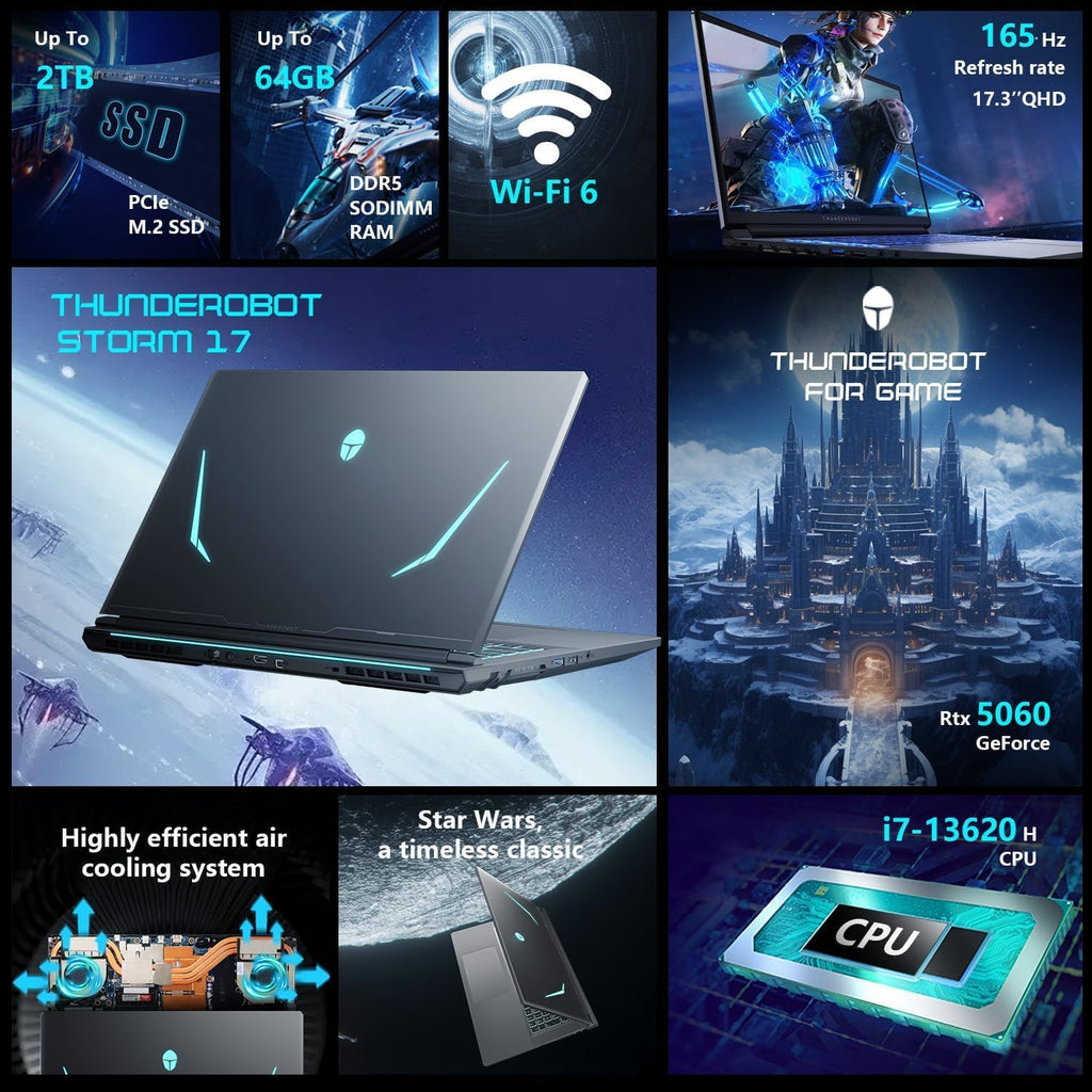 Thunderobot Storm 17 5060 Gaming Laptop, 17.3' QHD 165Hz 2K Display, Core i7-13620H, GeForce RTX 5060, 32GB DDR5 RAM, 1TB SSD, RGB Backlit Keyboard, Wi-Fi 6, Win11 Home