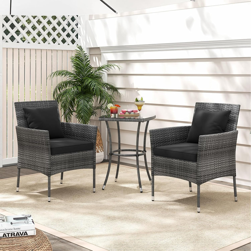 KOTEK 3 Pieces Patio Furniture Set, PE Rattan Outdoor Conversation Set with Tempered Glass Table & Soft Cushions, Wicker Bistro Set for Garden, Porch, Balcony (Black)