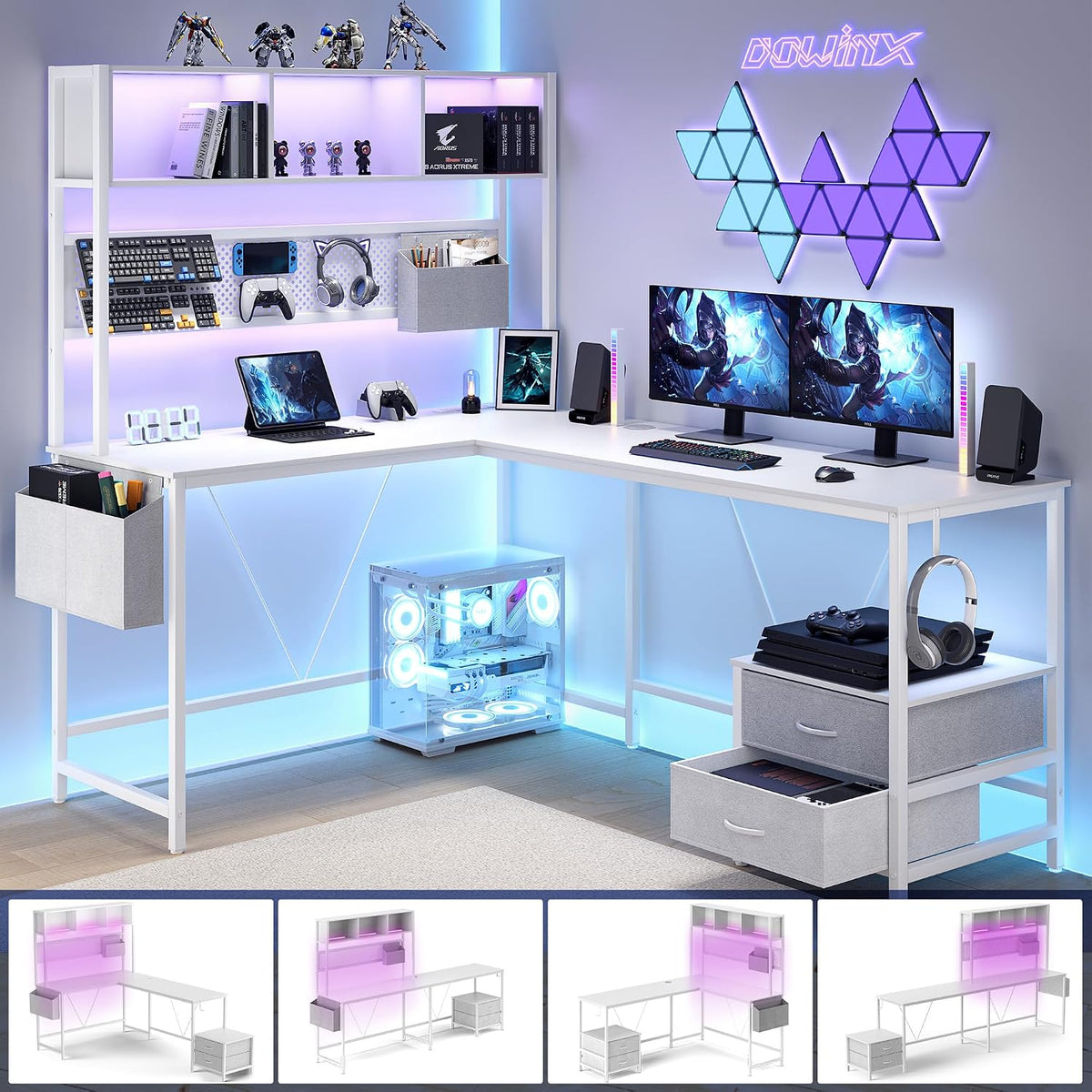 Dowinx 67' L-Shaped Gaming Desk with Pegboard & Drawers, Reversible Computer Desk with RGB Lights & Power Outlets, Corner Workstation with Storage & Hutch for Home Office & Gaming White