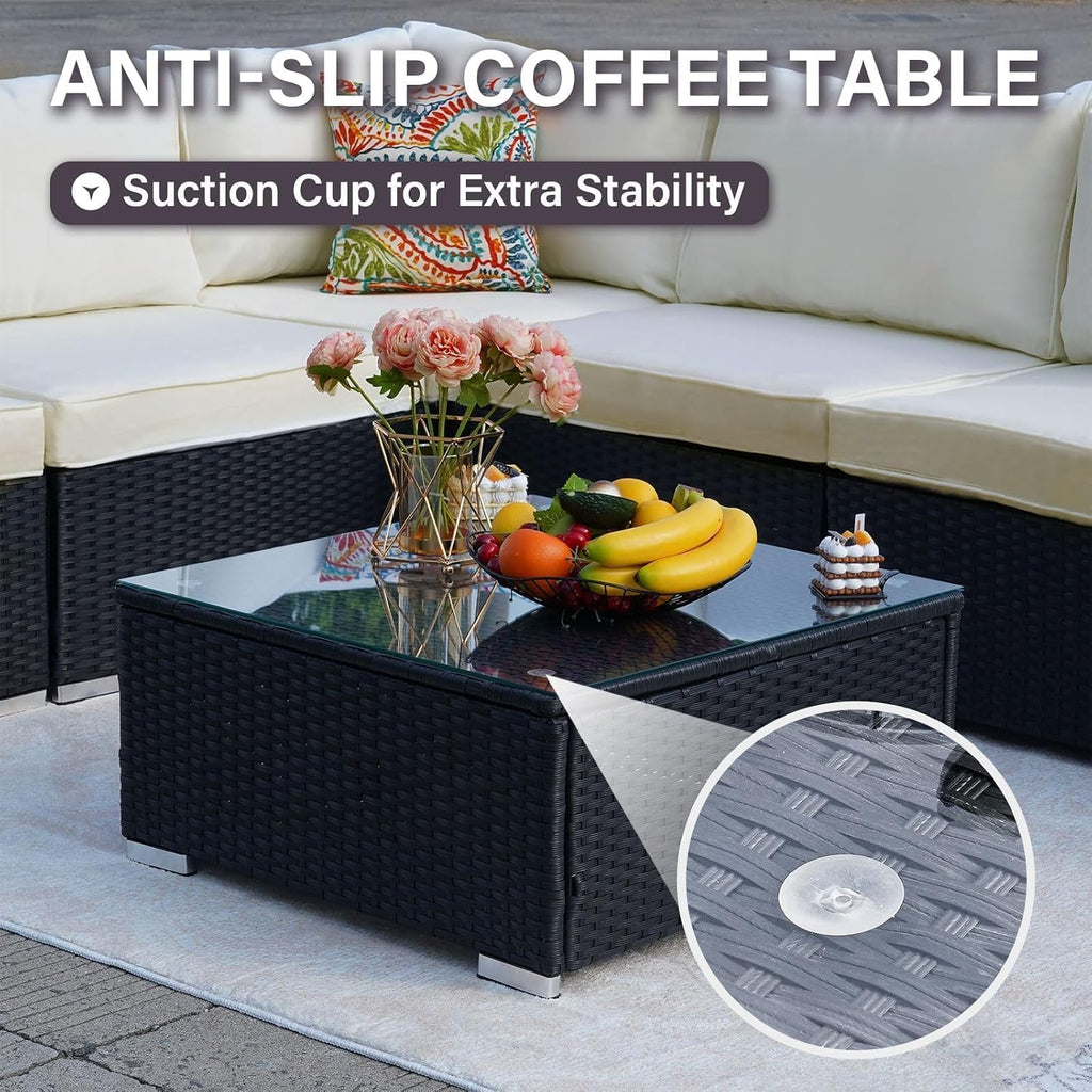 7-Piece Outdoor Patio Furniture Set – Handwoven All-Weather Rattan & 4' Thick Waterproof Cushions, Wicker Outdoor Conversation Sets with Coffee Table for Deck, Backyard, Garden, 2026, Black/Beige