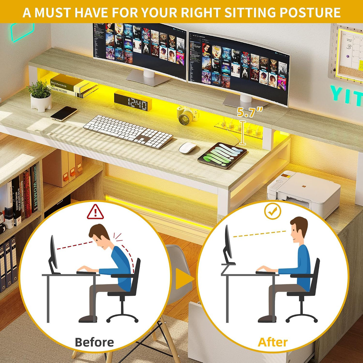 DWVO L Shaped Desk with Drawers, 65' Computer Desk with Power Outlets & LED Lights, Corner Home Office Desk with Storage Shelves & Printer Stand, White & Oak