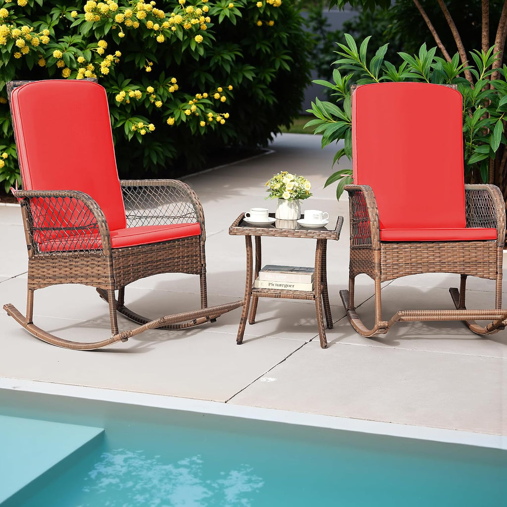 Greesum 3 Piece Outdoor Wicker Rocking Chairs Patio Furniture Set with Glass Coffee Table for Garden Backyard Porch Poolside, Red