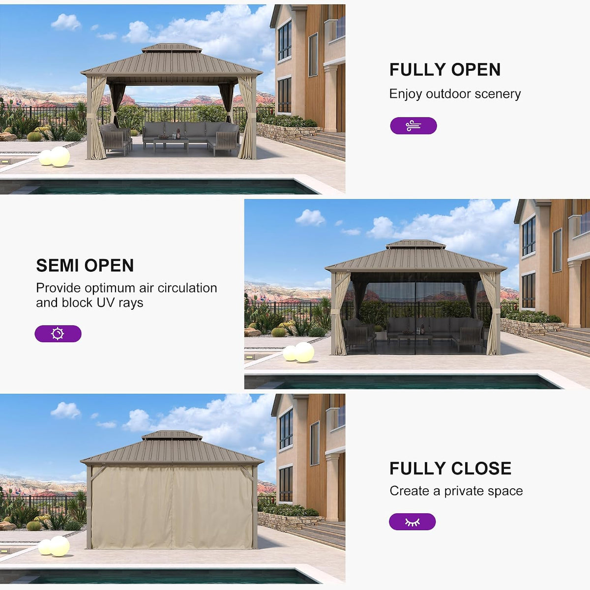 PURPLE LEAF 12' x 14' Outdoor Hardtop Gazebo, Champagne Aluminum Gazebo with Galvanized Steel Double Roof, Curtains and Netting for Patio Lawn and Garden