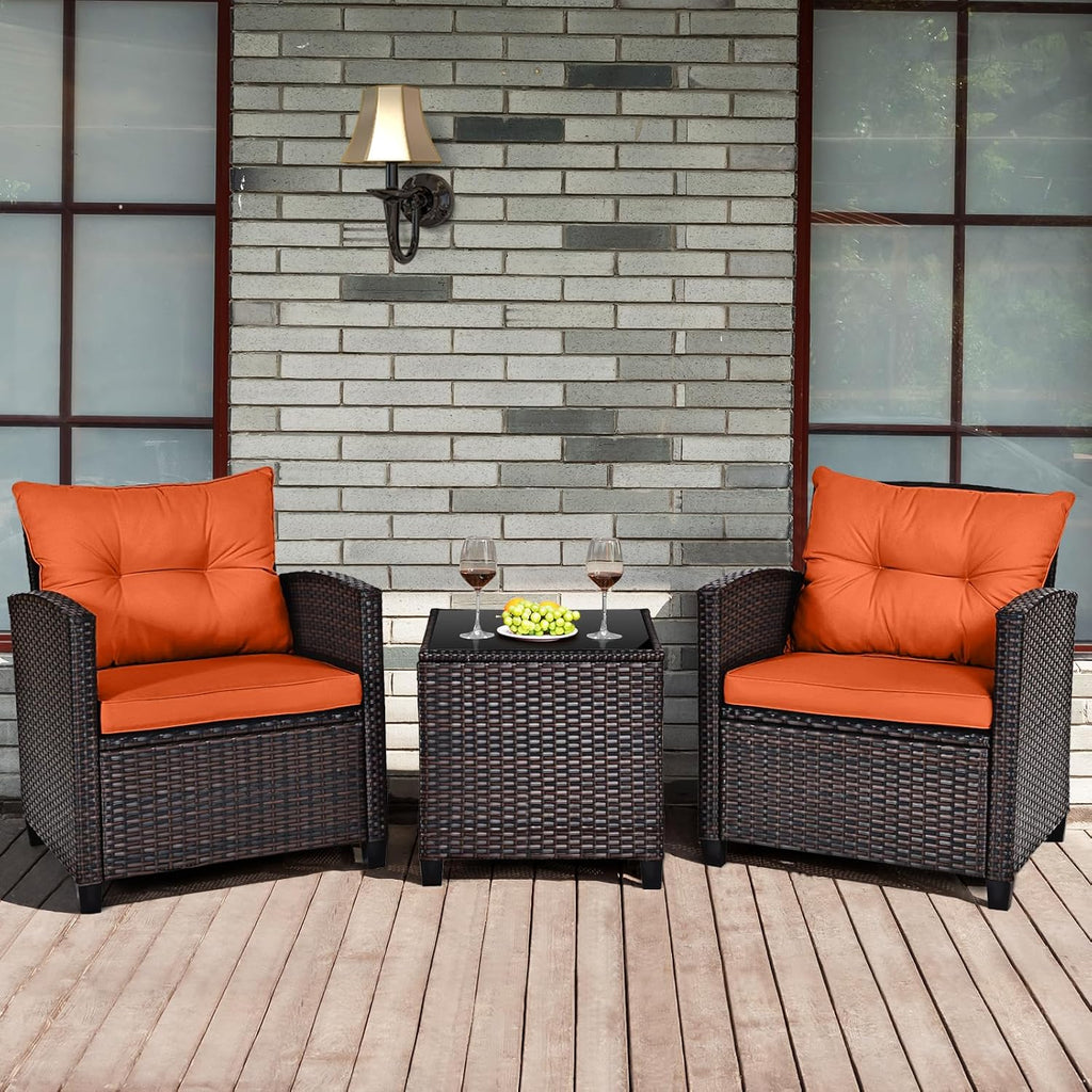 HAPPYGRILL 3 Pieces Patio Conversation Set, Outdoor Furniture Set PE Rattan Sofa Set with Removable Cushions, PE Wicker Chairs with Tempered Glass Side Table for Porch Lawn Garden Balcony Backyard