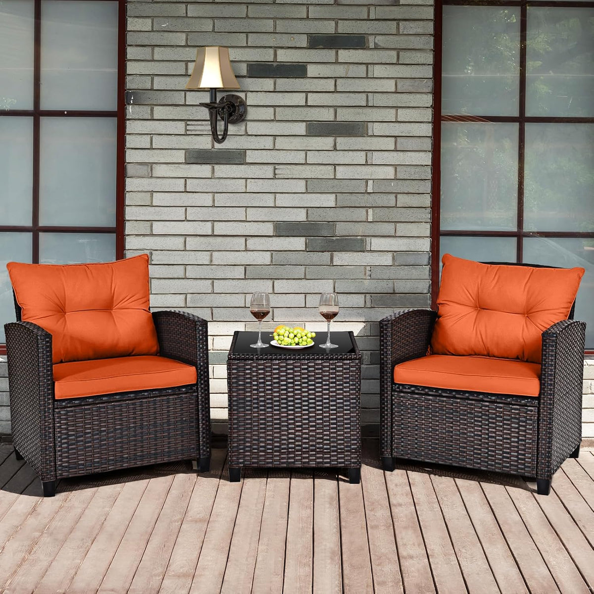 HAPPYGRILL 3 Pieces Patio Conversation Set, Outdoor Furniture Set PE Rattan Sofa Set with Removable Cushions, PE Wicker Chairs with Tempered Glass Side Table for Porch Lawn Garden Balcony Backyard