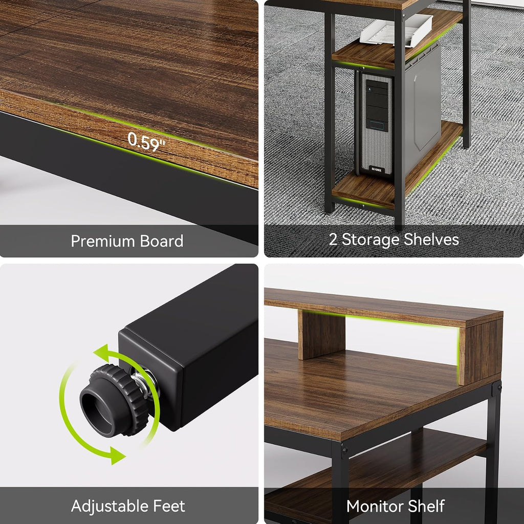 LITTLE TREE 78-Inch Double Desk with Storage Shelves, 2-Person Gaming Desk for Home Office, Long Desk with Monitor Stand (Rustic Brown)