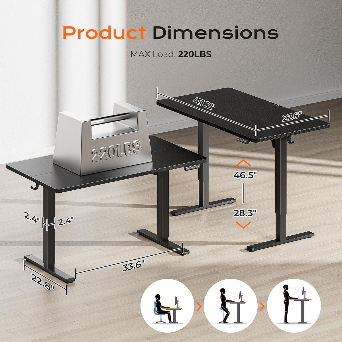 Huuger 48 x 28 Large Electric Standing Desk, Height Adjustable Desk, 27.6' Deep Desktop, Stand up Gaming, 2 Hooks, 3 Preset Heights, for Home Office, Black